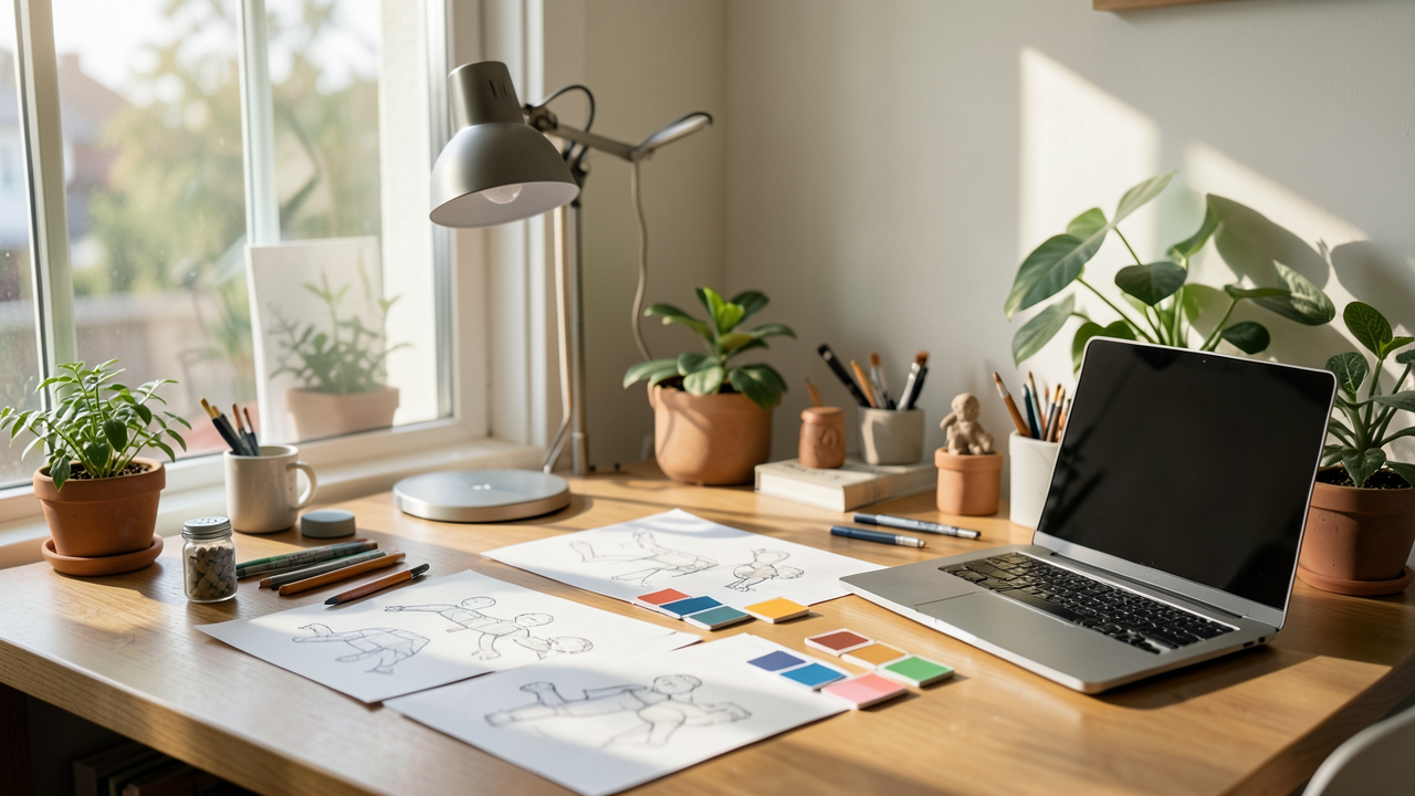 Salle de travail d’un designer créatif, dans un studio ensoleillé avec croquis, échantillons de couleurs et outils de dessin sur un bureau moderne.